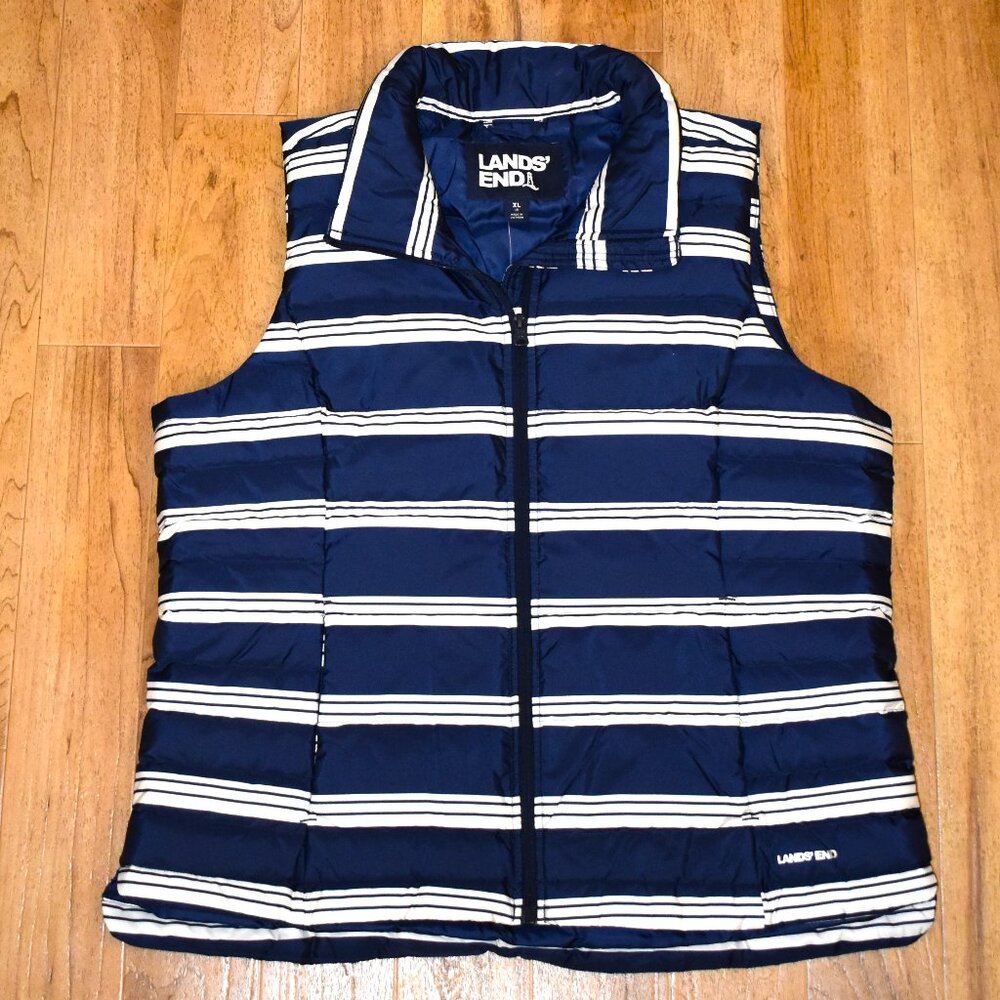 Lands‎ End XL Blue White Striped Down Filled 600 Puffer Vest Zip New
